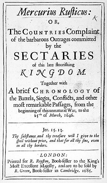 Portada de Mercurius Rusticus, publicada en 1685 de English School